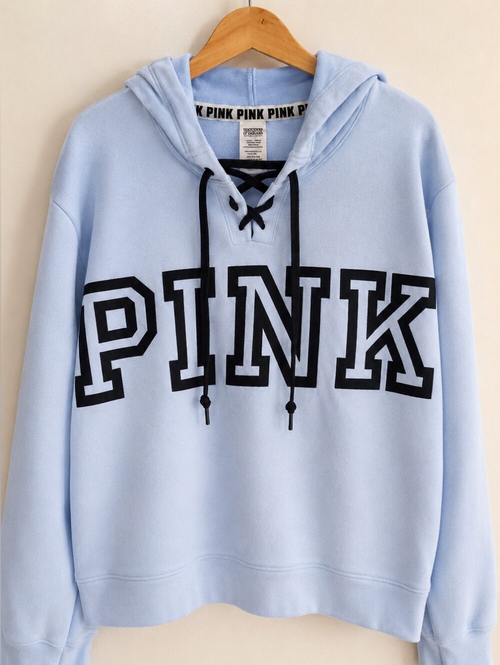 PINK Victoria's Secret Lace Up Hoodie Sweatshirt Light Blue Oversized Y2K XS
